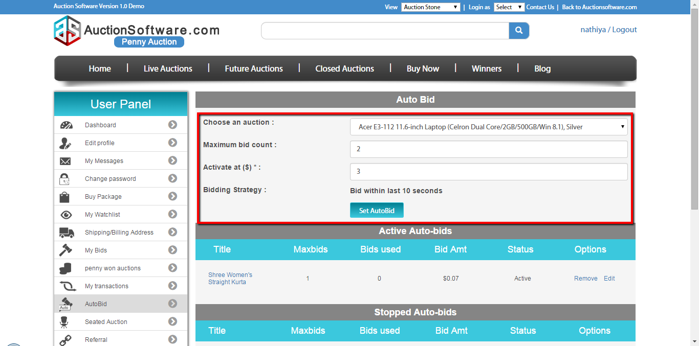 User panel AutoBid - AuctionSoftware.com